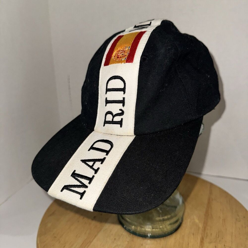Vintage Robin Ruth Madrid Spain Strapback Hat Black White Flag Cap Bug Logo